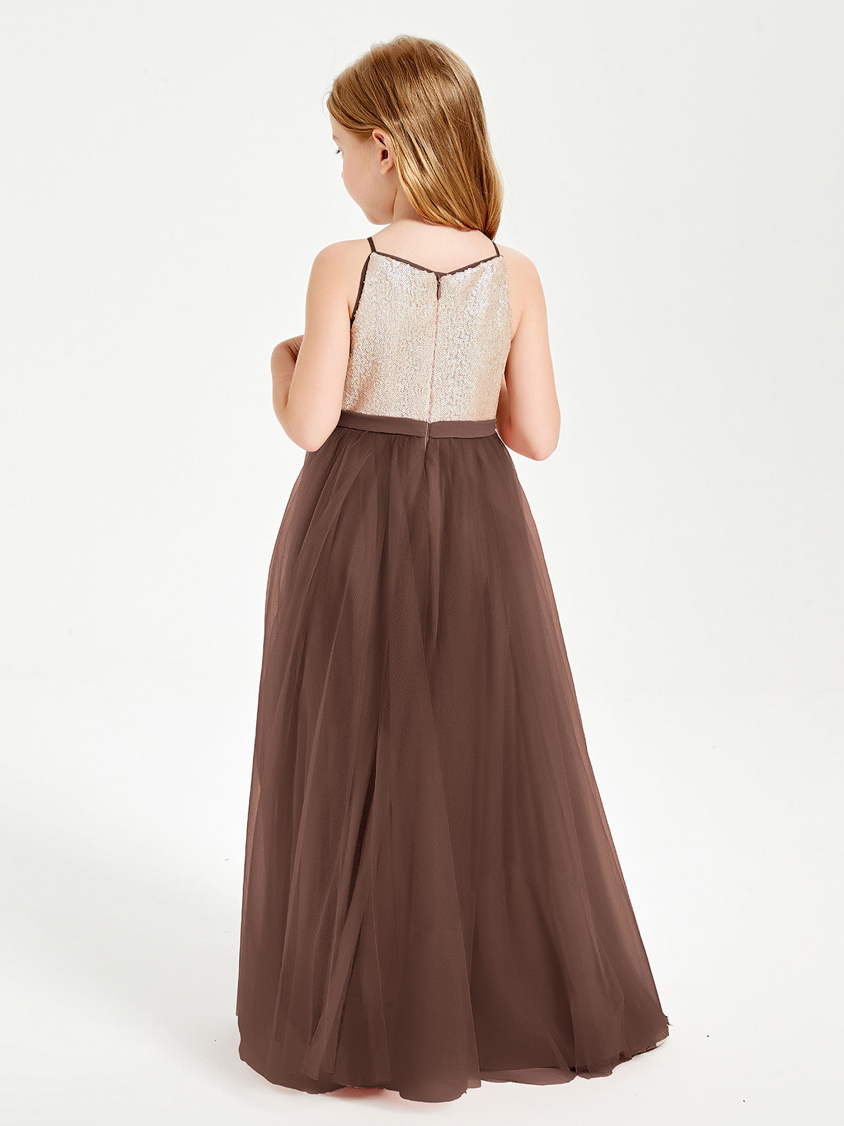 Sequined Top Long Tulle Junior Bridesmaid Gown Chocolate